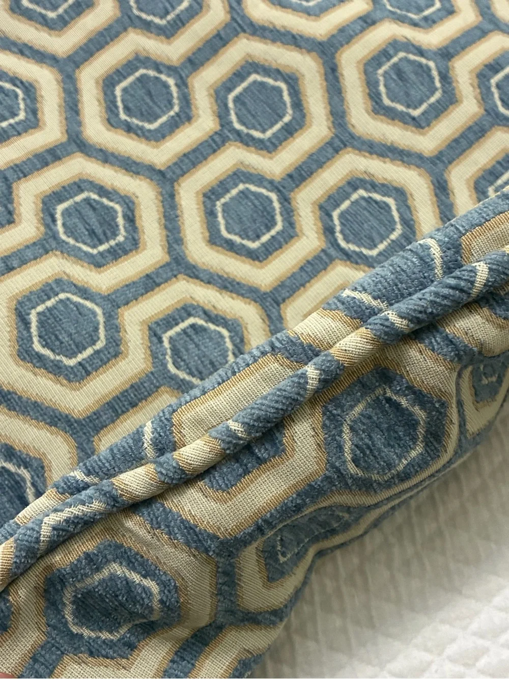 Handmade blue and beige geometric hexagon throw pillow cover 18 x 18“